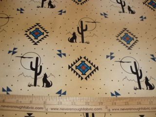 COTTON Fabric Native American Southwest Design Coyotes & Cactus on tan 