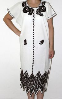 Hippie Vintage Embroidered Mexican Dress Huipil L XL 100% Cotton