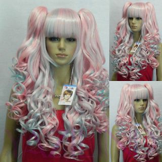 Lolita hair style blue pink mix ponytail long wavy curly full wigs 