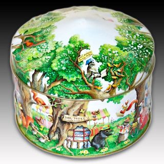CHURCHILLS CONFECTIONERY TIN WOODLAND FAIR ROUND COLOURFUL EMBOSSED 