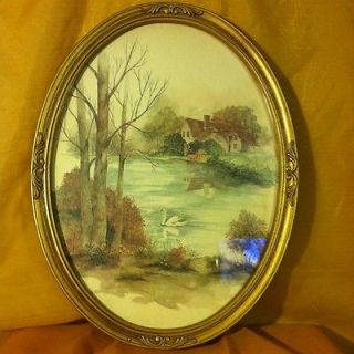 Homco Home Interior Picture Gold Oval Frame House Lake Swans Water 