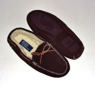 Polo Ralph Lauren Shearling Suede Brown Sheep Leather Tie Slippers 