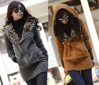 Korea Ladies Leopard Hoodie TOP Fleece Jackets Women Zipped Coat 