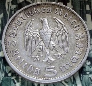 1935 A German 5 Reichsmark Coin 90% SILVER WWII Third Reich Nazi NSDAP 
