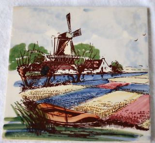 Vintage Delft 4 Hand Painted Windmill Polychrome Tile