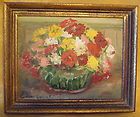   Oil Painting Zinnias in Green Bowl Signed Illegible Edra Gauch