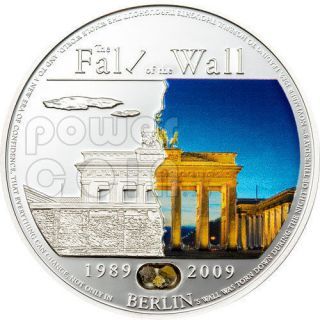 2009 Fall of Berlin Wall 5$ .925 PURE Silver Coin with Piece of the 
