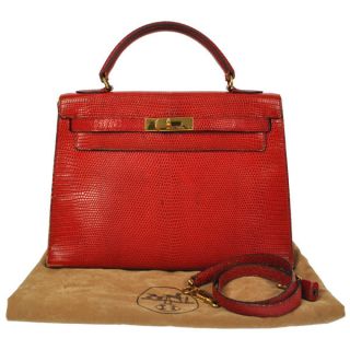 Authentic Hermes Lizard Leather Kelly 32 Hand Shoulder 2way Bag Red 