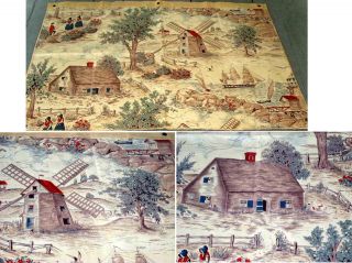 Vintage Tapestry Like WAVERLY Fabric Sample Windmill Sailing Ships 