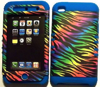   Zebra Blue Silicone Apple ipod Touch 4G 4 Hybrid 2 in 1 Rubber Cover