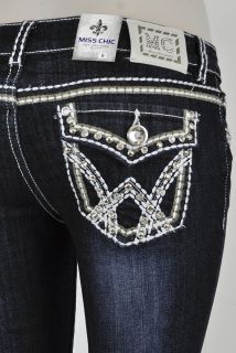 Miss Chic Bootcut Jeans White Stitching with Pattern Design And Jewels 