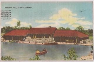 Tulsa Oklahoma Postcard Mohawk Park Lodge Canoe Boaters 1947 Postmark