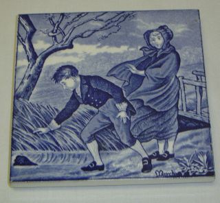 Antique Wedgwood Blue Transfer Tile Trivet Month Series March 19th C 