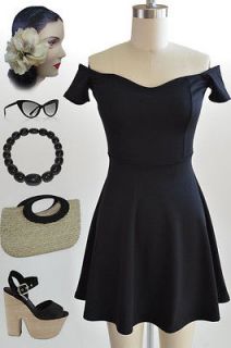 50s Style BLACK Off the Shoulder PINUP Skater Dress with Full A line 