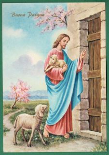 JESUS THE GOOD SHEPHERD KNOCKING AT DOOR Vtge LGE HOLY CARD POSTCARD