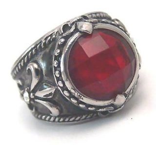 Mens Fleur De Lis Ruby color Ring Stainless Surgical Steel Size 12