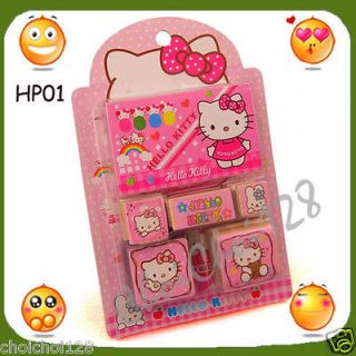New Hello Kitty 4 Mini Wooden Rubber Stamps Set Ink Pad Memo HP01