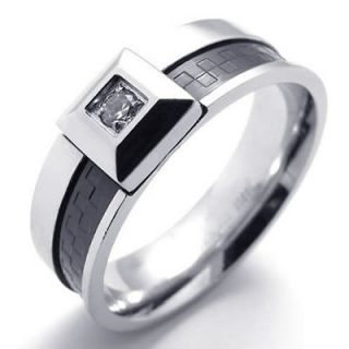 Size 9 Classic Black Silver CZ Stainless Steel Wedding Band Mens Ring 