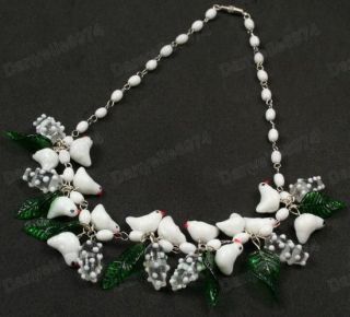   blossoms WHITE murano GLASS BEAD NECKLACE vintage beads bird&leaf