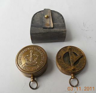 Vintage Brass Marine Pocket Sundial Compass leather case, Brass Marine 