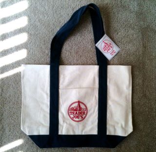 Trader Joes Reusable Eco Friendly Shopping Tote Bag   Blue / White