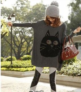 Cat Face strass Angora Loose Jumper Pullover Knitwear Sweater Dress 