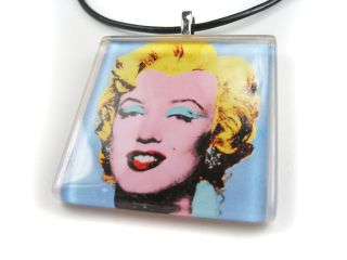 Andy Warhols Blue Marilyn Monroe 1 Square Glass Pendant Necklace