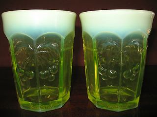 pair of Vaseline Opalescent glass cherry cable tumblers cups goblets 