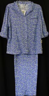 Karen Neuburger Coat Pajamas 3/4 Slv Blue White Floral Ruffles Pocket 