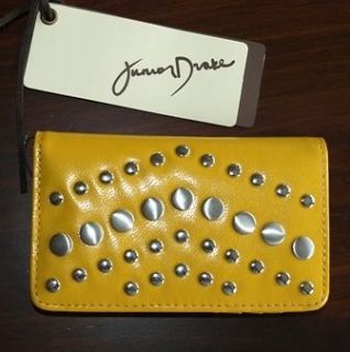 junior drake wallet leather yellow studded card holder $ 68