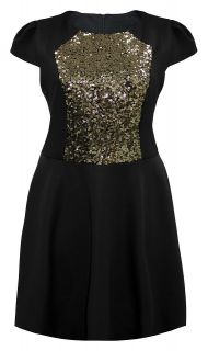 Ladies Plus Size Black & Gold Sequin Detail Formal Skater Dress #768