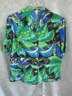 VTG 60s Womens Hawaiian Aloha Shirt Size XL Groovy Blue & Green 