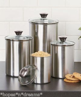 SET OF 4 STAINLESS STEEL CANISTERS GLASS LIDS KITCHEN STORAGE PRETTY 