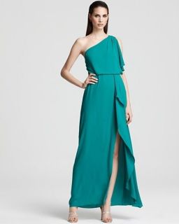 bcbg max azria kendal one shoulder ruffled evening gown