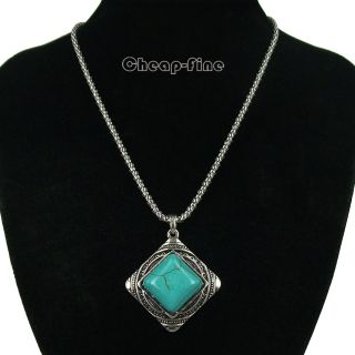 Retro style Tibetan silver Square Turquoise Charms Pendant Necklace 