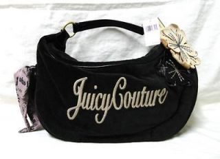 195 AUTHENTIC JUICY COUTURE BLACK VELOUR LEATHER FLOWER HOBO BAG TOTE 