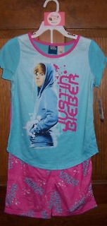 Justin Bieber Short Sleeve 2 Piece Set Blue White Pink Pajama Girls L 