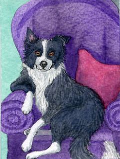 Border Collie dog pup armchair sheepdog signed ACEO art card print 