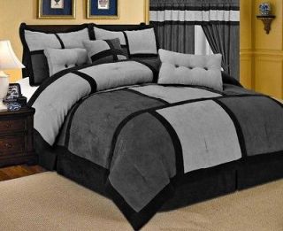   Curtain Set Gray Black Micro Suede Queen Size Bed in a Bag New