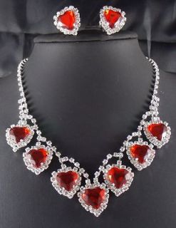 Wedding Bridal Love Ruby Heart crystal necklace earring Silver Jewelry 