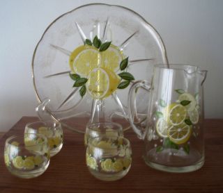 Culver Lemons Pitcher, Glasses & Platter Barware Set Vintage 