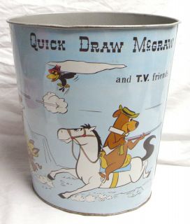QUICK DRAW MC GRAW & HUCKLEBERRY HOUND LARGE METAL TRASH CAN 1960s