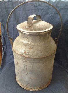 Vintage Metal Milk Can Grey with nice Patina and Handle and Lid