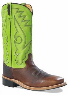   OLD WEST SQUARE TOE BROWN LIME GREEN LEATHER COWBOY BOOTS NEW