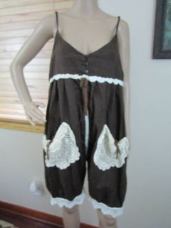 RESURRECTED COUTURE LINEN SHORTIE OVERALLS MAGNOLIA VTG IVORY PEARL 