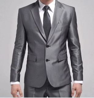 Mens New Two Button Slim Skinny Fit Shiny Gray Suit 27 (US 42R)