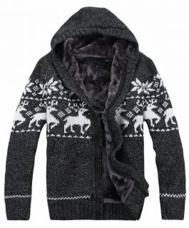 New Mens Zip Deer Wool Knitted Warm Sweater Hoodie Grey S M L W118