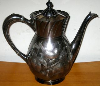 Meriden B. Company Quadruple Plate Teapot/Coffeep​ot~Engraved Birds 