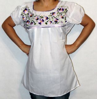   BOHO PUEBLA HAND EMBROIDERED MEXICAN BLOUSE TOP ELASTIC SLEEVES SMALL