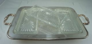   SILVER PLATE FOOTED SERVING TRAY CONDIMENT GLASS INSERTS LEONARD